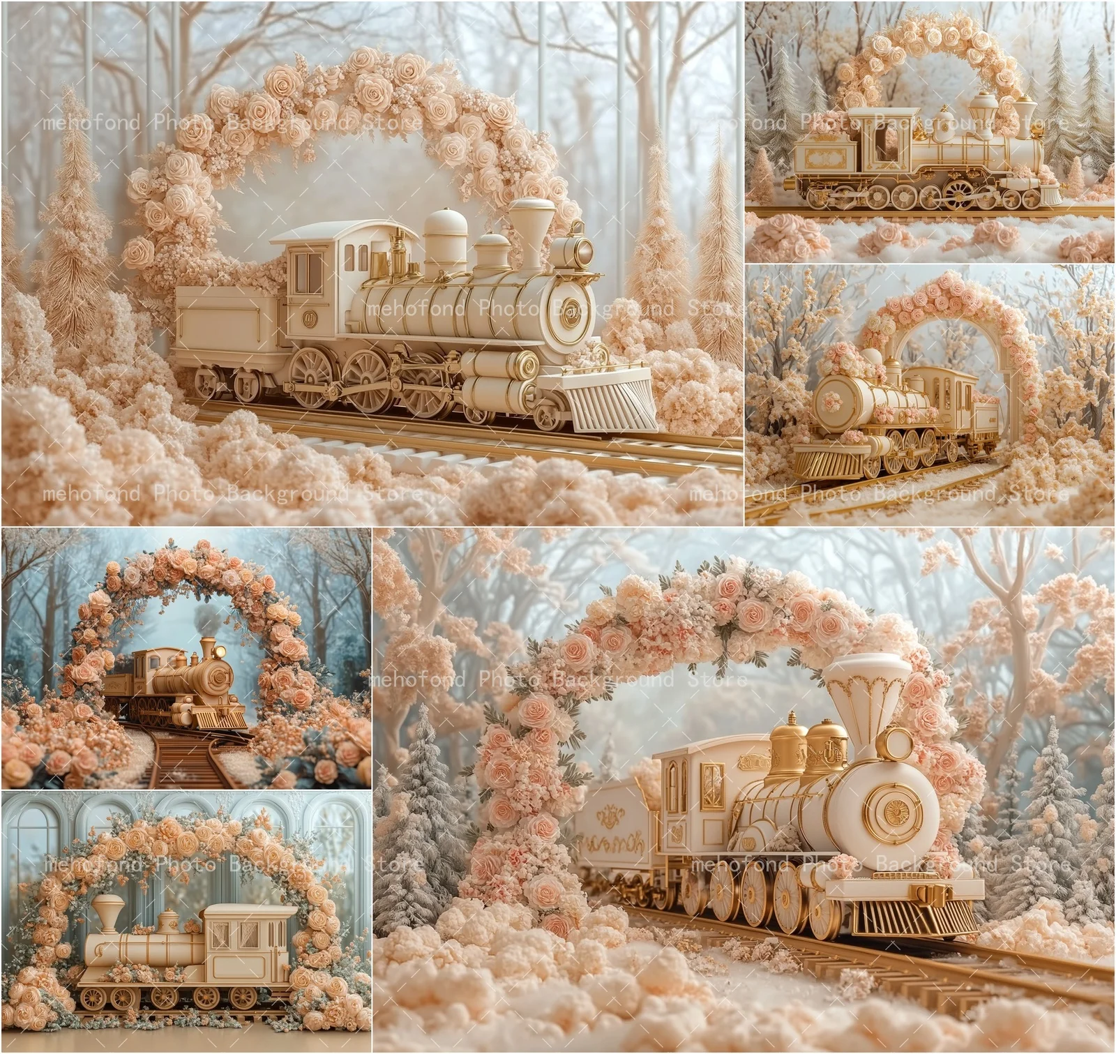 

Mehofond Photography Background Pink Flower Train Decoration Arch Door Forest Track Tree Kids Family Portrait Backdrop Decor