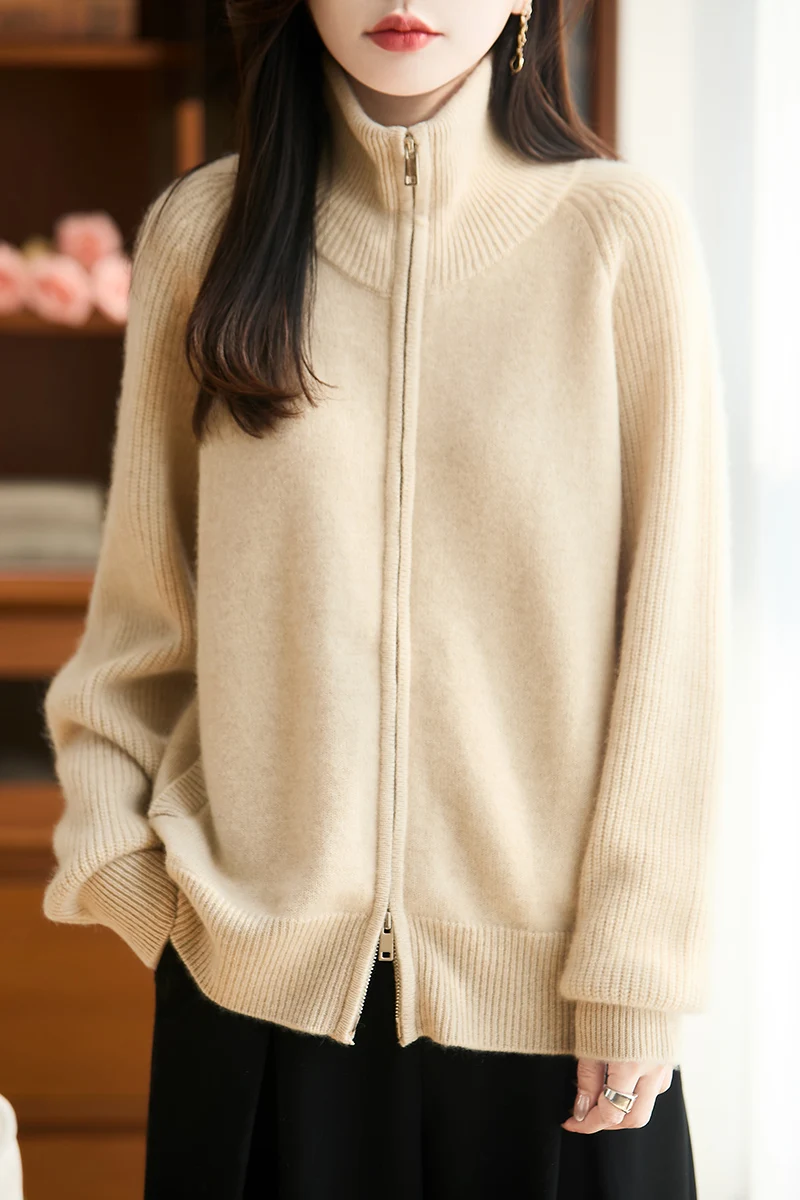 

Женский кардиган из 100% чистой мериносовой шерсти, полувысокий воротник, толстый вязаный свитер, однотонный, повседневный, модный, осенне-зимняя одежда