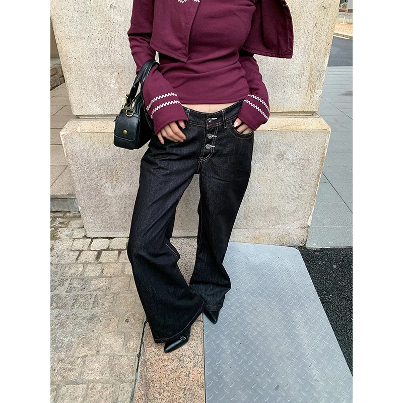 Benuynffy ريترو زر يطير منخفضة الارتفاع الجينز للنساء 2025 الخريف الشتاء موضة فضفاضة بنطال ذو قصة أرجل واسعة ملابس امرأة الشارع جديد #4