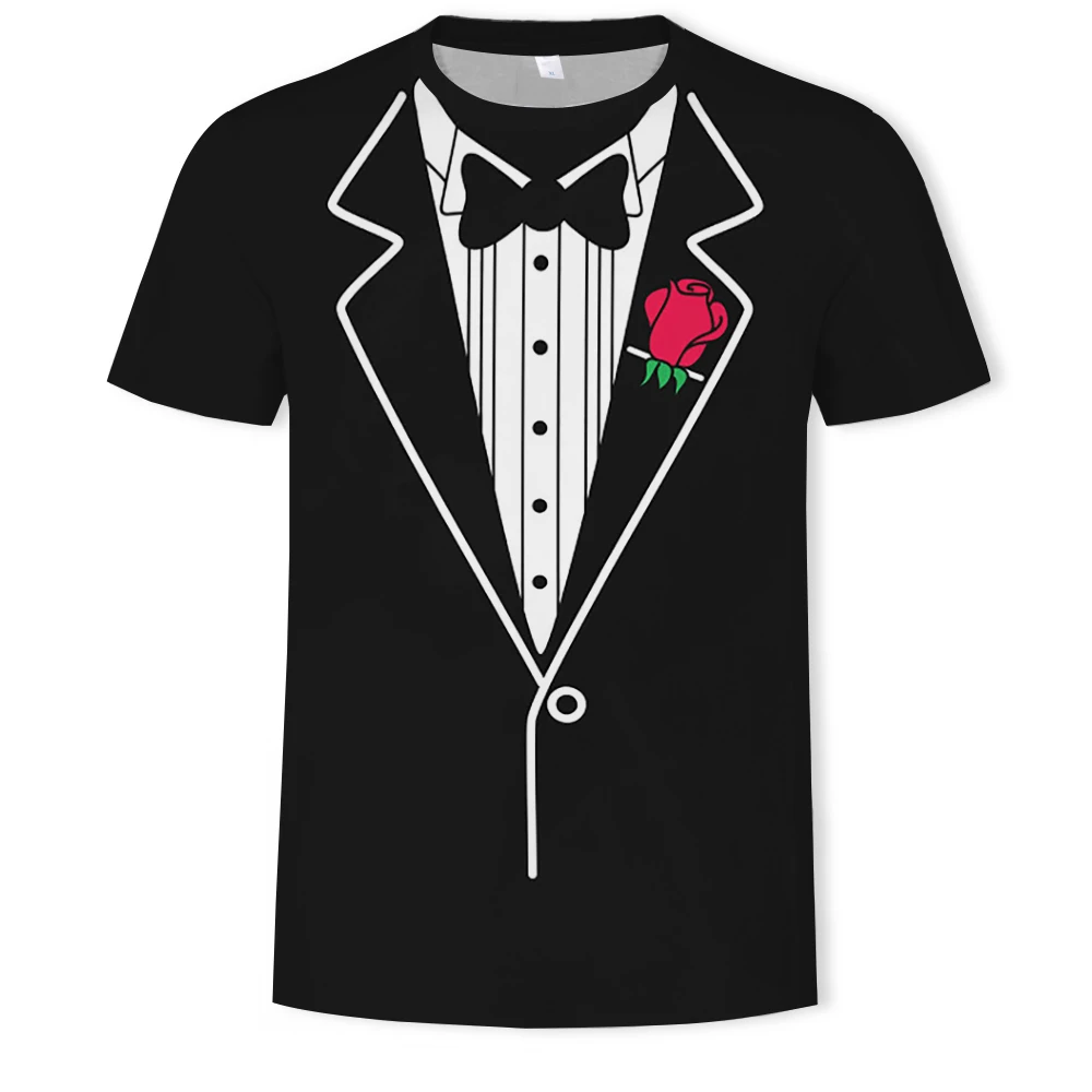 Men\'s 3D Print Hip Hop T-Shirt round Neck Short Sleeve Personality Top for Summer Leisure Imitate a Suit Picture Thin Style