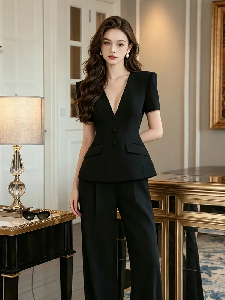 

Elegant Commuter Stylish Short Sleeve Suit Women's High Waist Wide Leg Pants Two Piece Set Fashionable Simple Professional Look