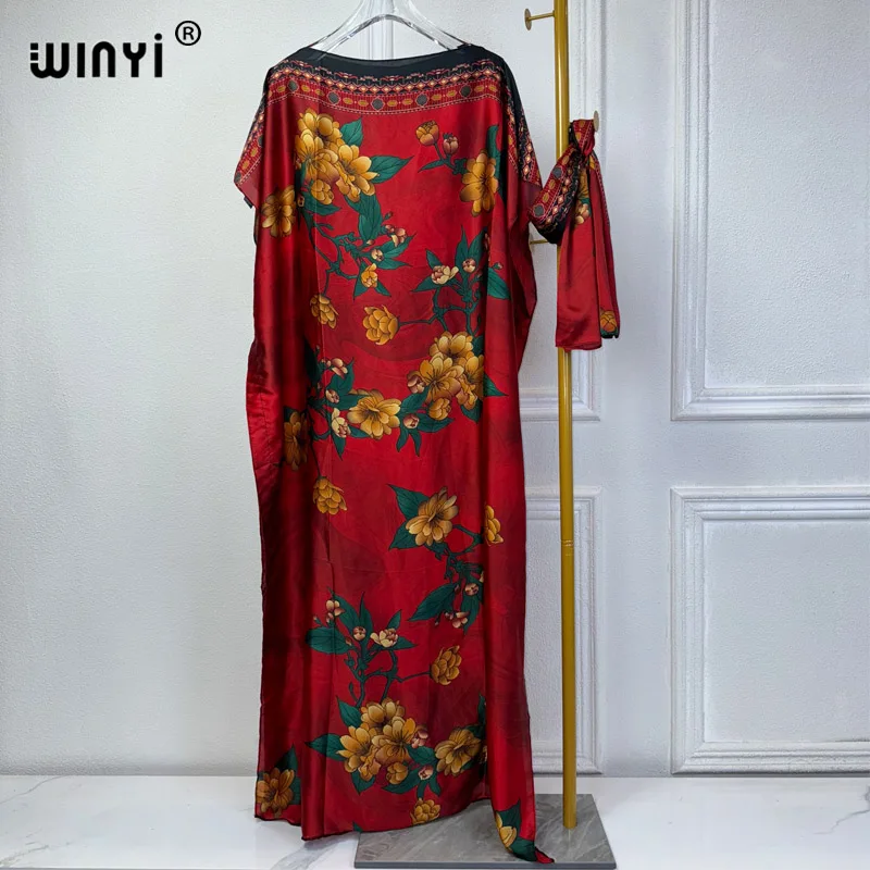 

WINYI 2024 New African Women Dashiki boho print muslim woman dubai Free Size Design With Scarf Maxi Loose African Elegant Dress