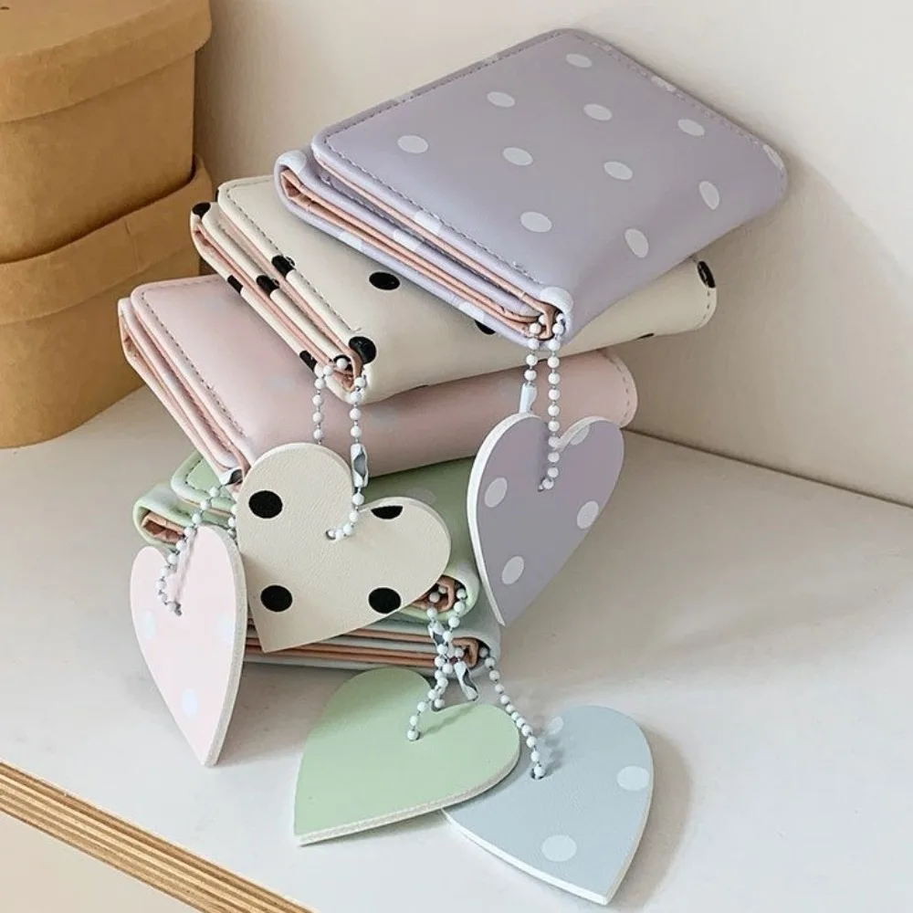 Kawaii Sweet Trifold Polka Dot Wallet Multi-functional Multi-card Slot PU Card Holder Portable Heart Pendant Coin Purse Girls