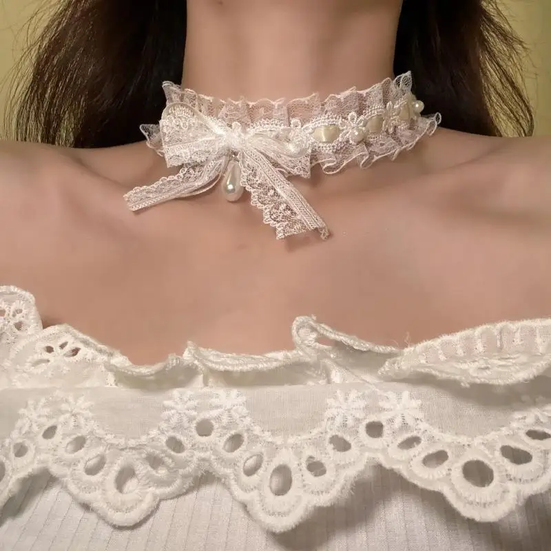 Sweet Lolita Lace  Knot White Choker Necklace Women's Fashion Accessory Lockbone Chain Elegant Style G0096