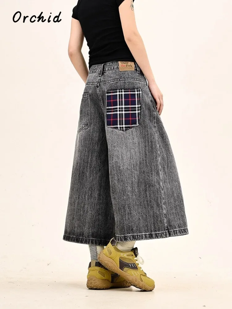 Grunge Y2K Eclectic Mid Long Denim Trouser 2000s Street Retro High Waist Jeans Women's Vintage Casual Plaid Patchwork Pants