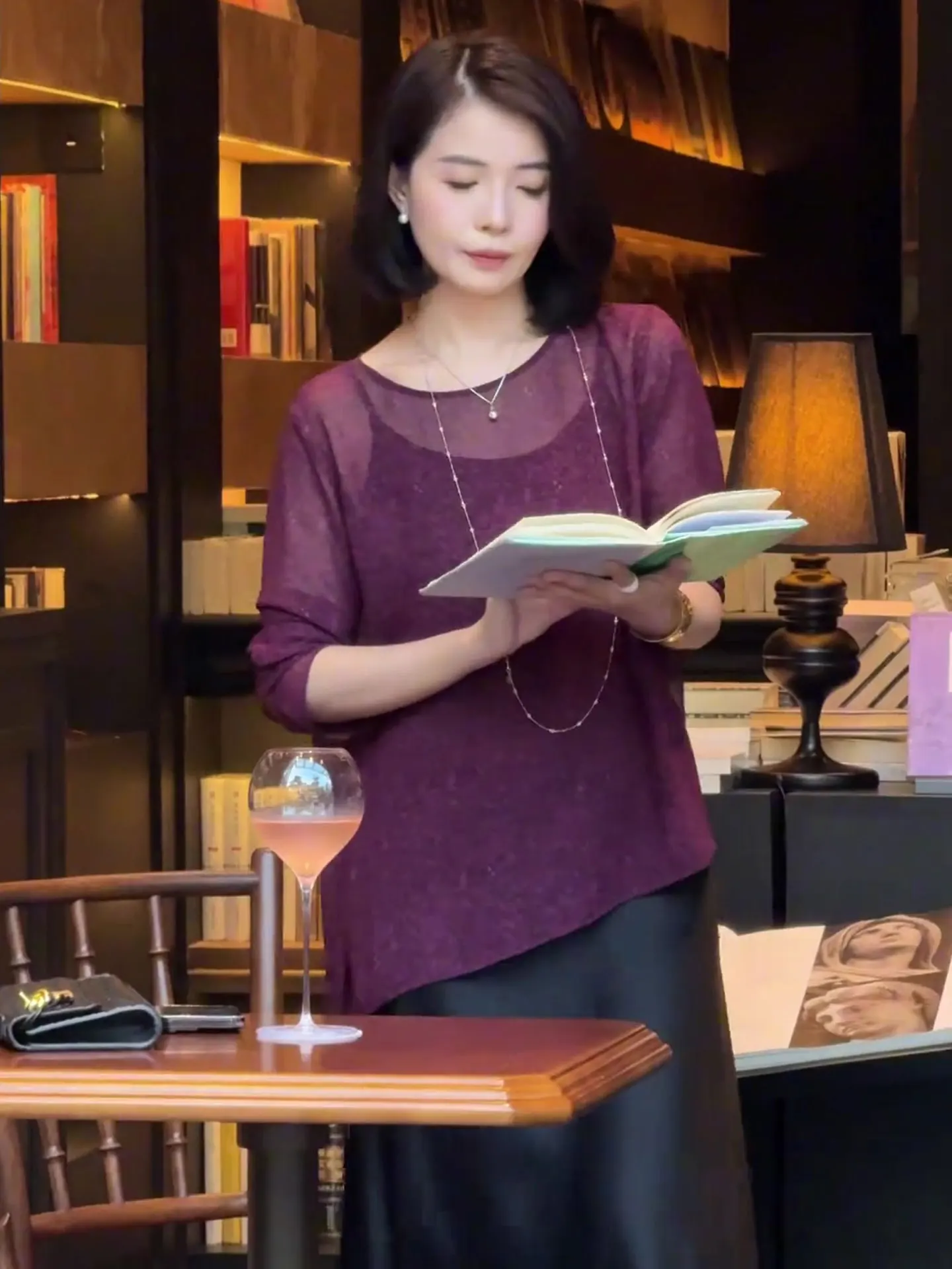 

Ele Ice Silk Knitted Long Sve Top Lightweight Breathable Ba Split Design Summer Faion Women's Straight Cut Silk irt