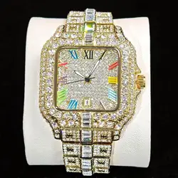 UNIGUET Luxury Diamond Quartz Watch for Men Rainbow Dial Calendar Hip Hop Iced Out Gold Wristwatch Mens Fashion Accessory 2025
