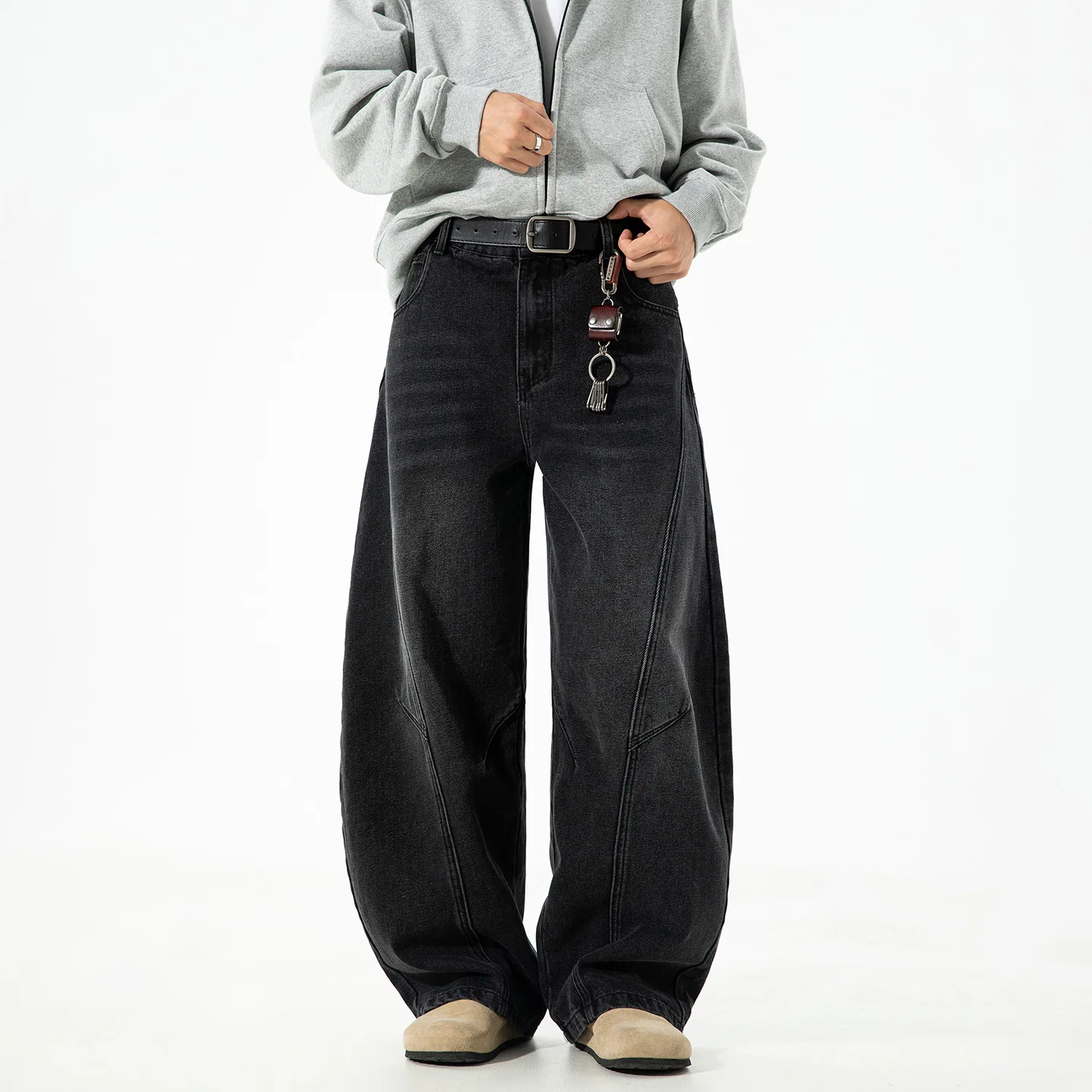 

Mens Vintage Washed Scimitar Jeans Fall Trendy Silhouette Loose Casual Straight Length Pants Retro Streetwear Denim