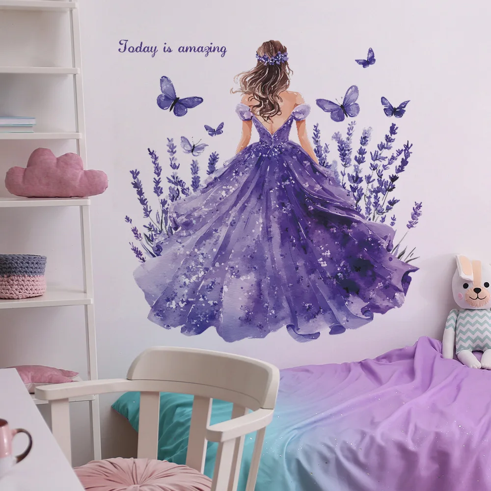 Lavender Girl Wall Sticker Vinyl Purle Butterfly Flower Art Decals Self-adhesive for Girls Room Living Room Home Wall Decoration