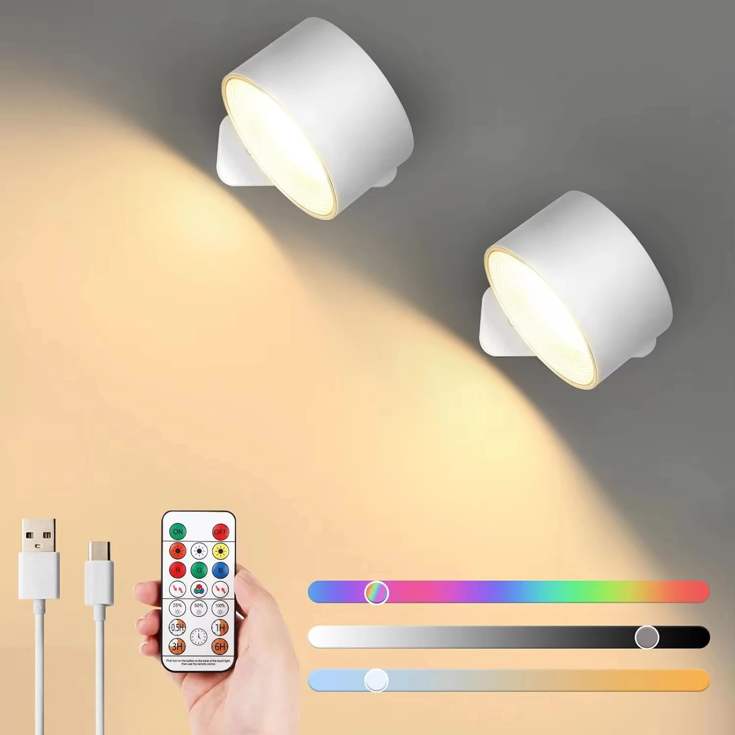 2PC  Wall Sconces, 19 Colors Dimmable Wall Mounted Lamp with Rechargeable Battery Operated USB