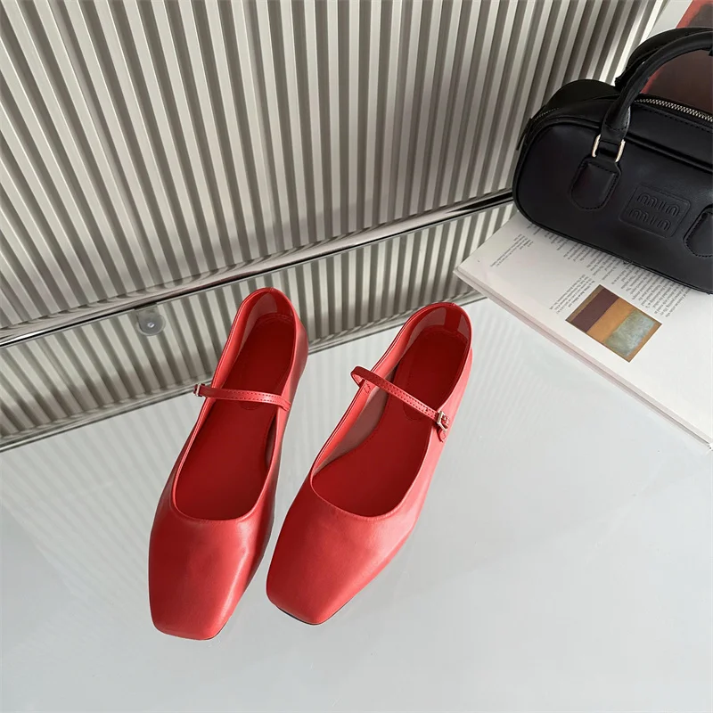 Bailamos Women Casual Ballet Flats Shoes 2024 Ins Real Leather Buckle Strap Soft Square Toe Low Heels Office Shoes Mujer