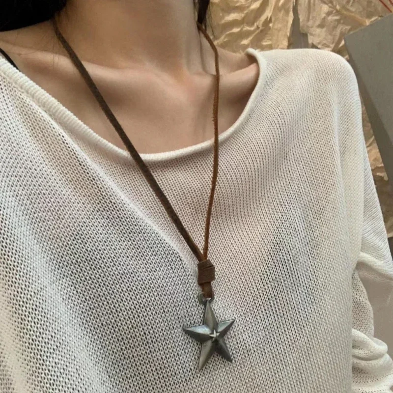 2024 Y2k Adjustable Leather Rope  Pendant Necklace for Women Vintage Ethnic Style Boho Necklace Harajuku Jewelry Accessories