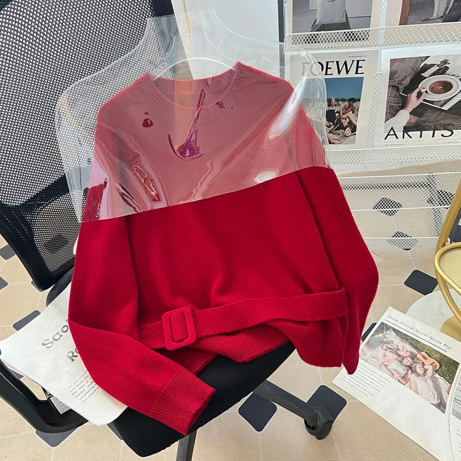 

Женский свитер с круглым вырезом, 100% шерсть, с поясом, утягивающий, красный цвет, маленький размер, свободный крой, теплый, уютный