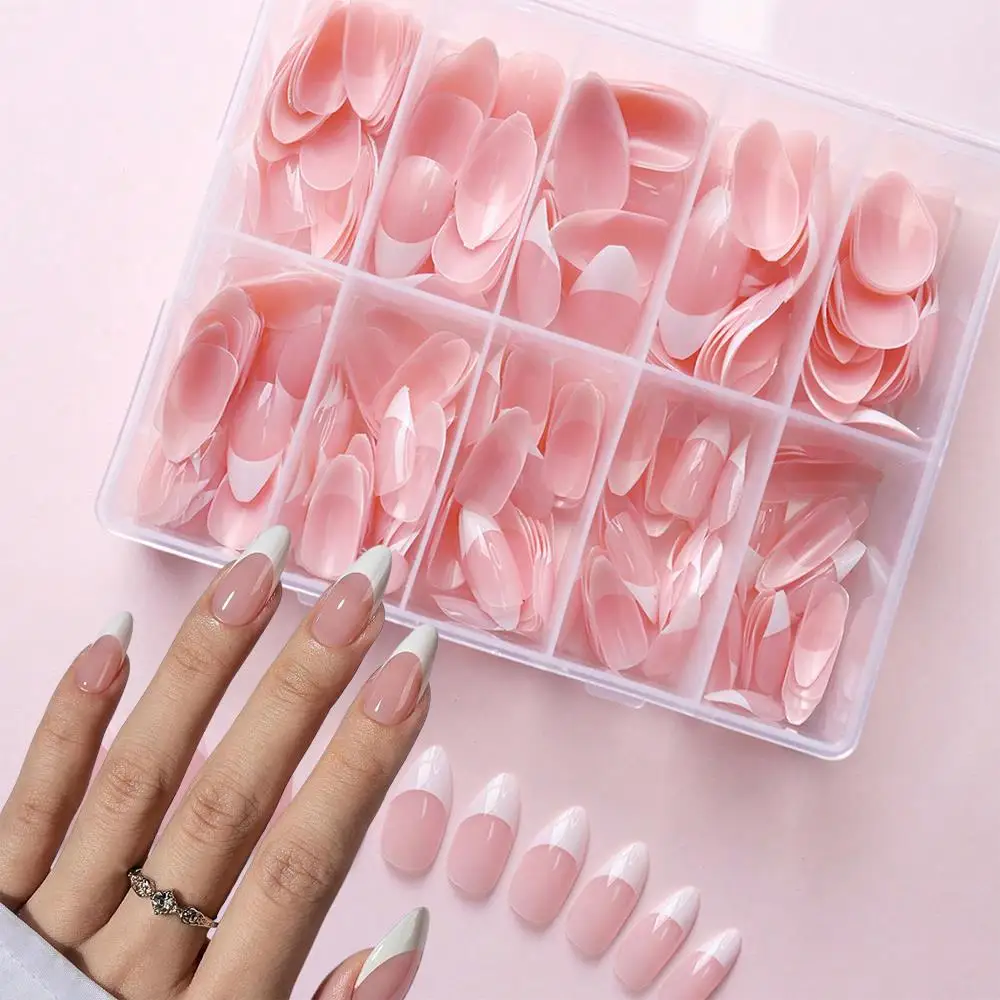 360/150 قطعة أظافر صناعية من اللوز المتوسط الفرنسي حافة بيضاء اضغط على الأظافر أطراف أصابع كاذبة وردية بسيطة لتاريخ المهرجان ملابس يومية 1 #3