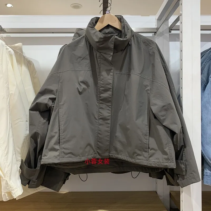 Windproof Stand Collar Jacket Women Outdoor Casual Hooded Short Styles Coat Solid Color Loose Commute 2026 New Women's Clothing