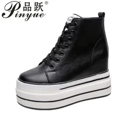 quality leather Genuine Platform Women Spring Autumn High Heels Wedges Black White  Sneakers Casual walking shoes 34-39