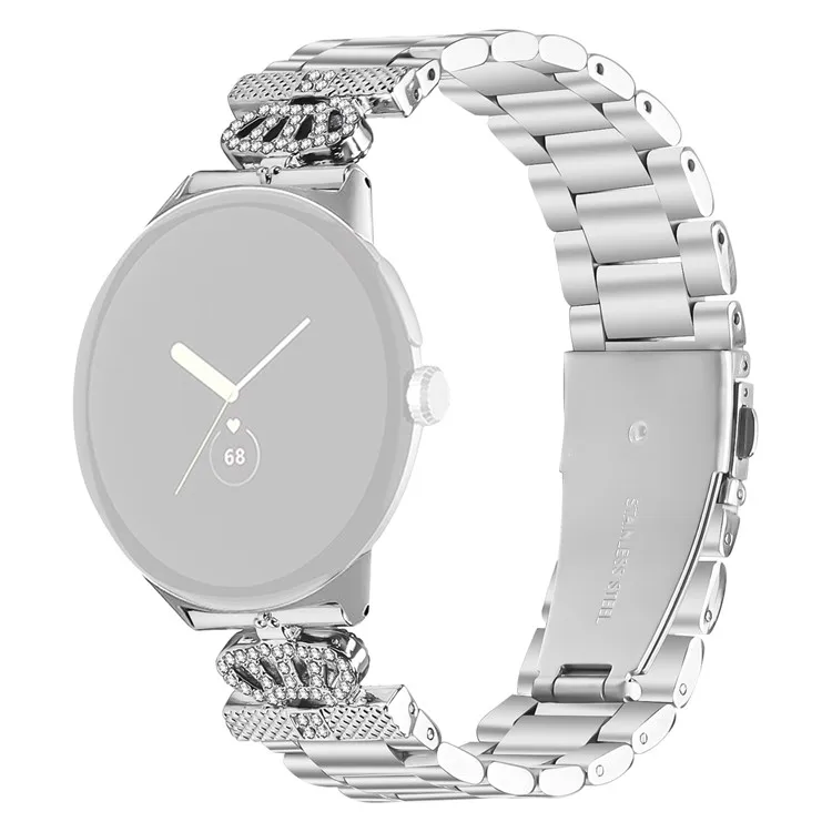 

For Google Pixel Watch 2 / Watch Stainless Steel Strap Crown Shape Rhinestone Decor Silver Watch Band
