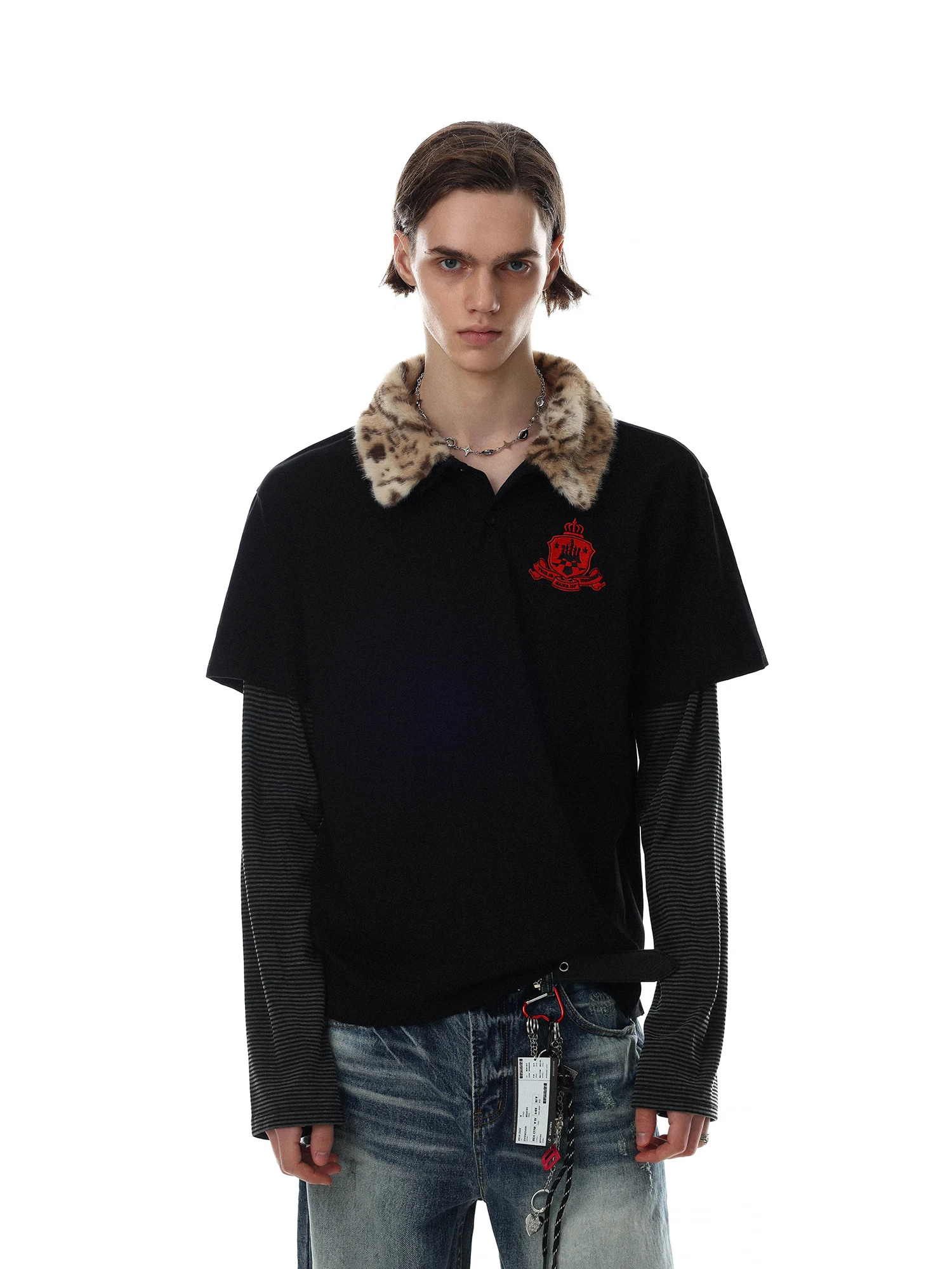 American Retro Detachable Fur Collar Long Sleeve T-Shirt for Men Black Embroidery Design Loose Fit Comfortable Breathable Cot...
