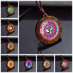 Hinduism Om Symbol Wood Glass Pendant Necklace Yoga Meditation Jewelry