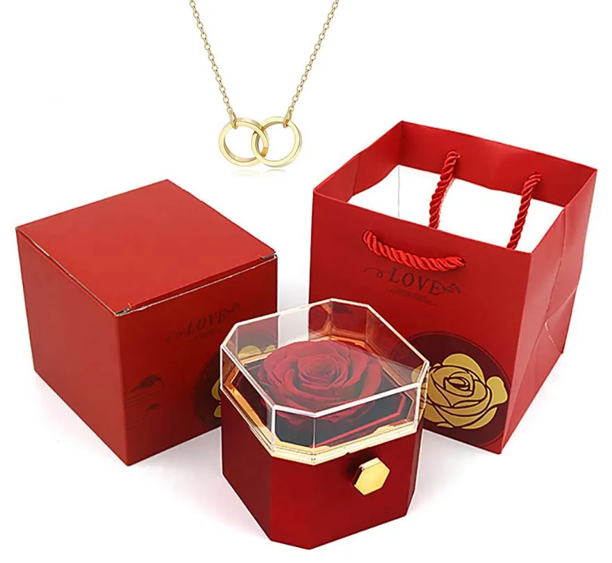 

New rotating eternal rose octagon jewelry box and OO necklace can be carved, send girlfriend to wife Christmas gifts