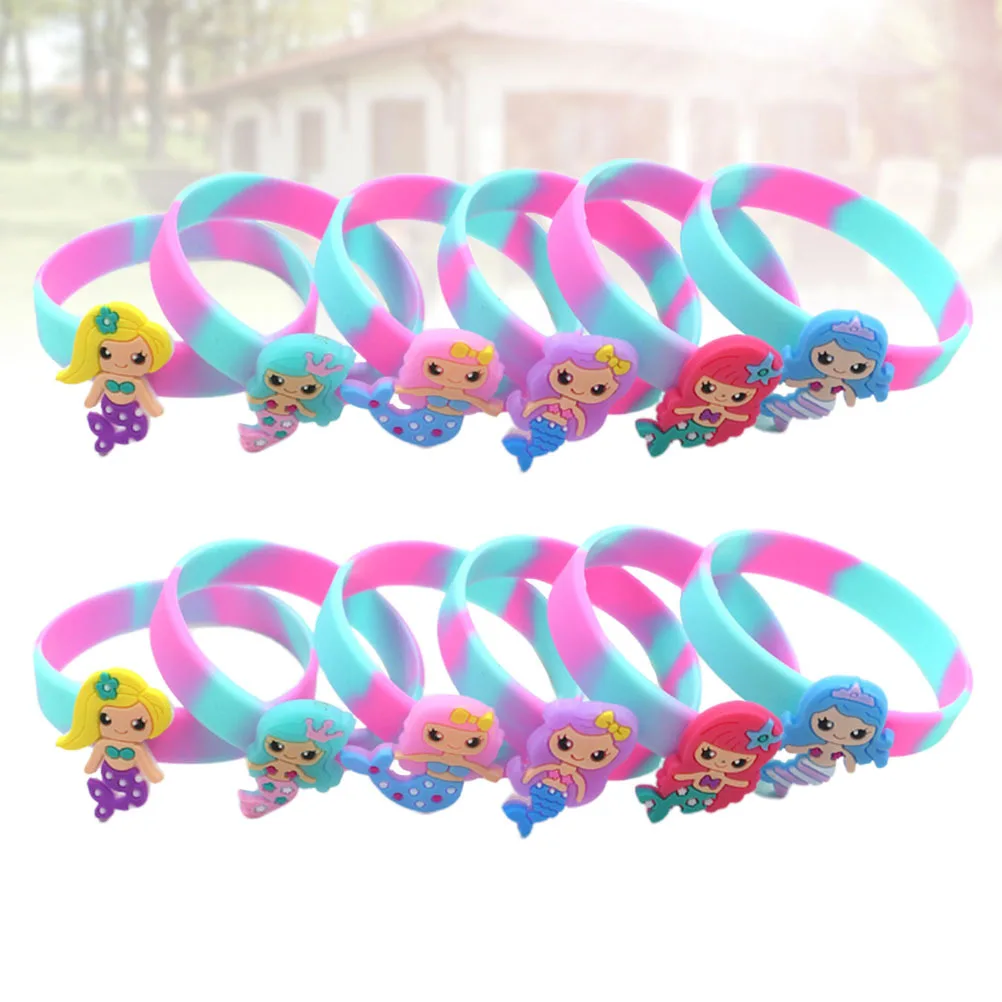 12 Uds. Pulseras coloridas para niños, pulseras de sirena de silicona, suaves, ecológicas, elásticas, impermeables para recuerdo de fiesta infantil