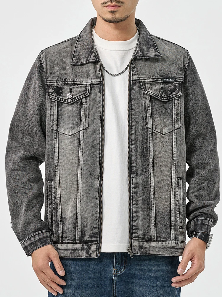 New high-end casual denim jacket men's high street Tide brand smoke gray loose jacket big size workwear tops