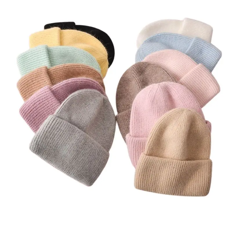 2023 Hot Selling Brand Skullies Beanies Solid Rabbit Fur Knitted Hat Soft Warm  Gorros Female Cap Angora Winter Hats For Women