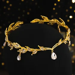 Classic Gold Plated Copper Hairband Headpiece Crown Tiara Headdress Roman Goddess Greek Water Drop Bridal Wedding Jewelry