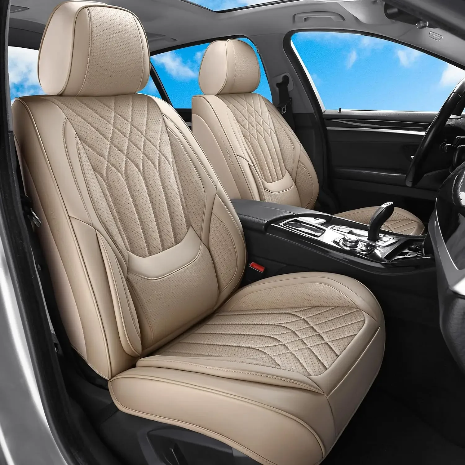 Beige Car Seat Covers Full Set Universal 5-Seater Full Coverage | Luxury Leather, Anti-Slip,Waterproof, Built-in Lumbar
