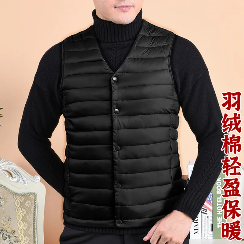 Men\'s Warm Down Cotton Vest Autumn Winter Men Sleeveless Coat Middle Elderly Solid Color V Neck Single Breasted Down Waistcoat