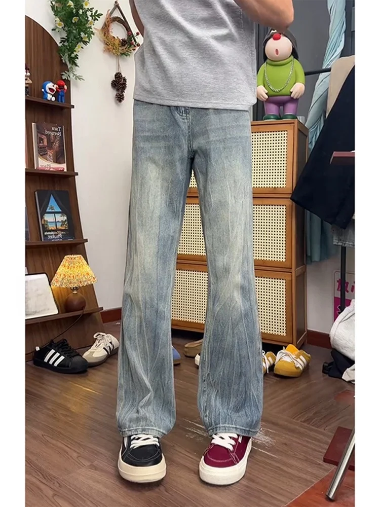 

Свободный крой с высокой талией, прямые винтажные синие джинсы, мужские американские уличные джинсовые повседневные износостойкие джинсы с завышенной талией