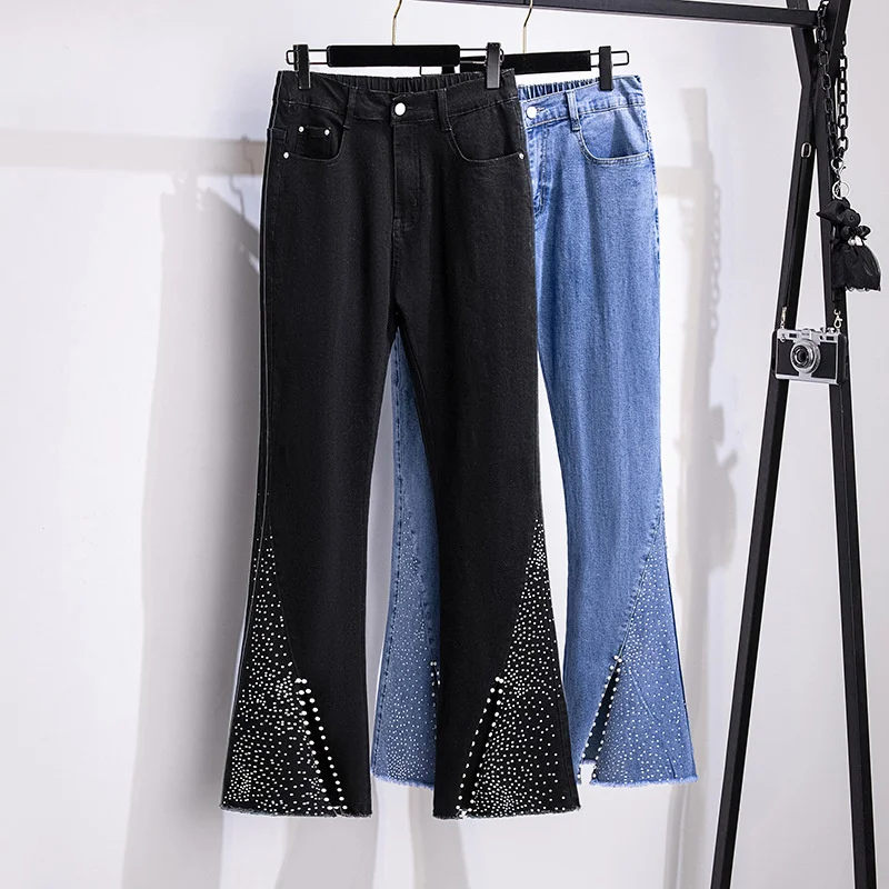 

Women Flared Jeans Stretch Slim Straight Wide Leg Denim Pants Street High Waist Slit Flared Pants Nail Bead Women Jeans Size 7XL