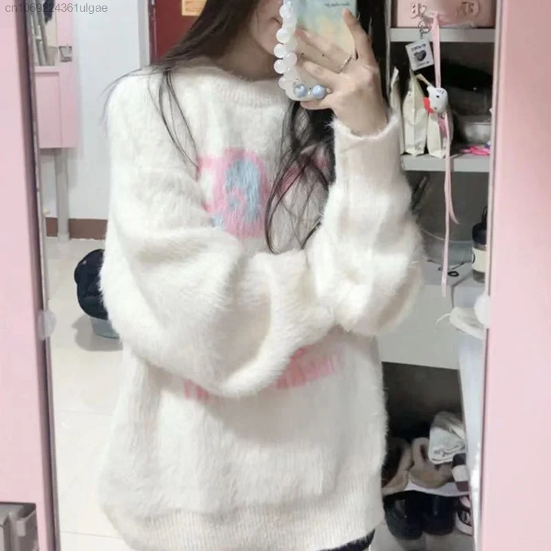 Sanrio Hello Kitty New White Soft Sweet Round Neck Pullover Women Autumn Winter Harajuku Sweater Cartoon Cute Knitted Top Shirt