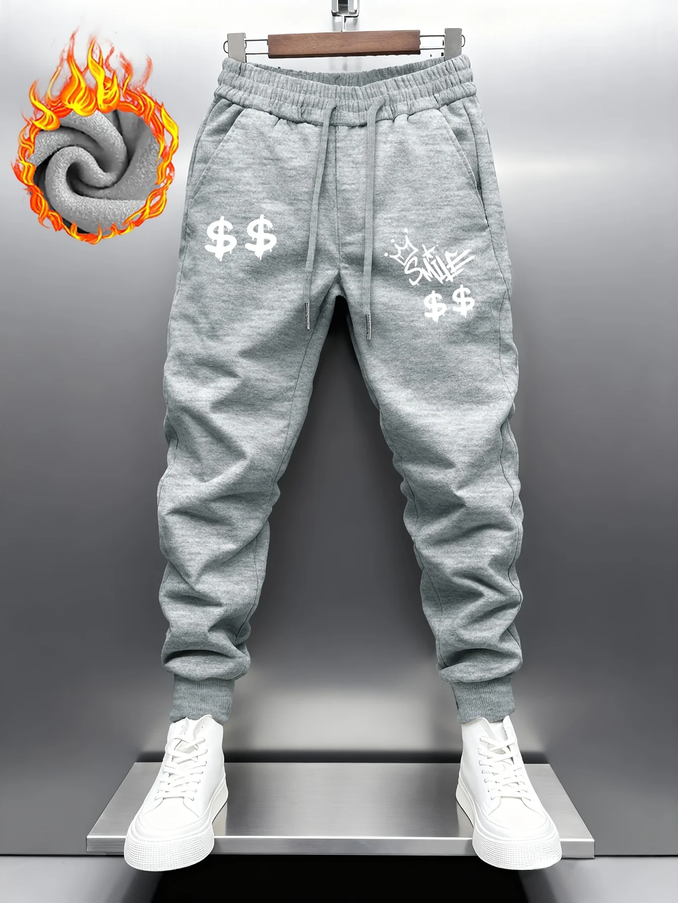 Urban‑styled money symbol crown street text artwork print relaxed loose sweatpants men hip hop sports casual jogger pants