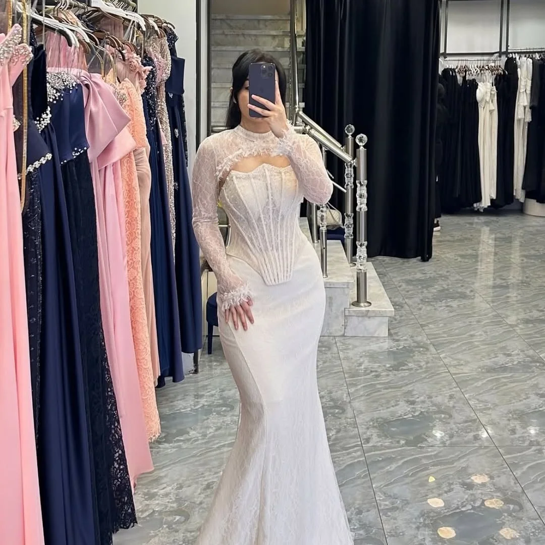

New Design O Neck Illusion Full Sleeves Fishbone Sequins Unique Corset Slim Elegant Mermaid Evening Prom Formal Party Dress