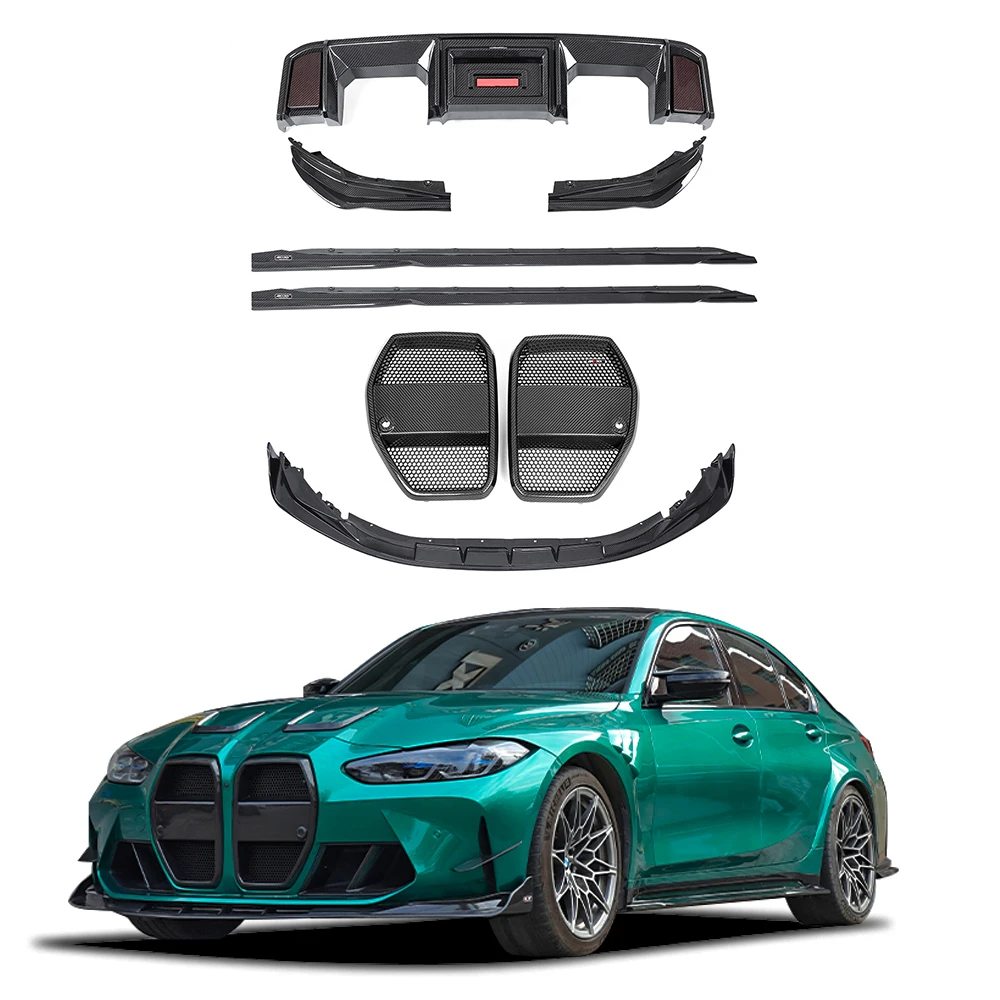 For BMW M3 M4 G80 G82 new AX body kit dry carbon fiber side skirts center grille front lip with lights rear diffuser MP