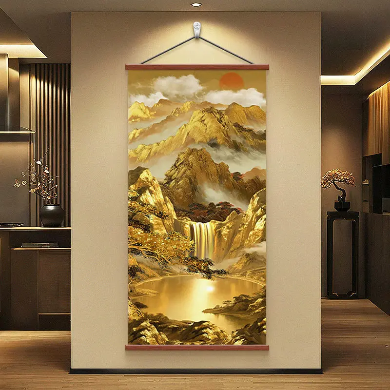 Wall Art Golden Mountain and Flowing Stream Modern Luxe Pearlescent Canvas Hanging Scroll with Wooden Rods for Entryway