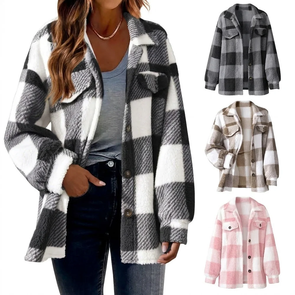Women Plaid Fleece Shacket Button Down Lapel Long Sleeve Loose Casual Jacket With Pockets Fall Winter Warm Outerwear