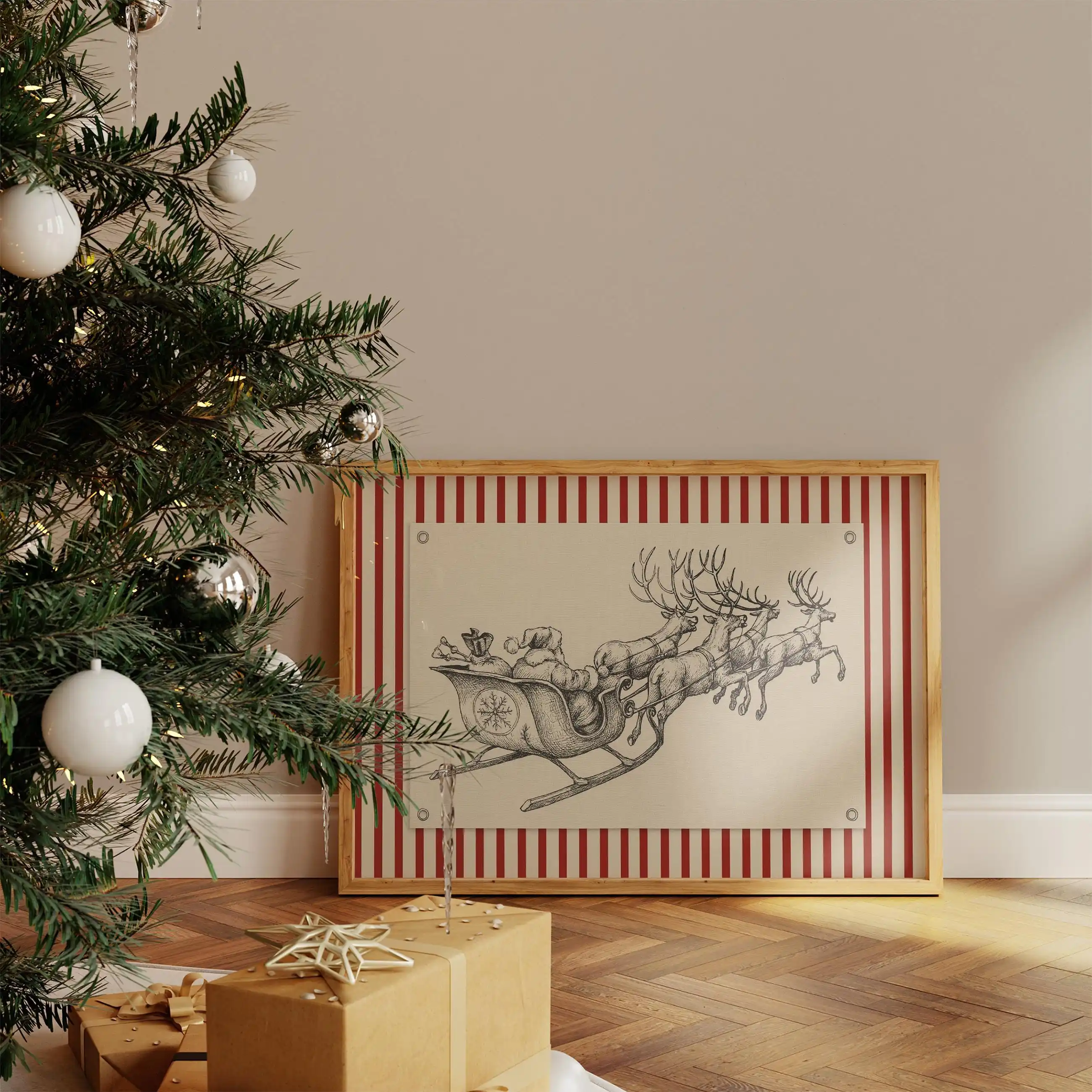 Vintage Santa Sleigh Christmas Poster Classic Holiday Wall Art Poster Retro Festive Reindeer Poster Prints for Living Room Decor