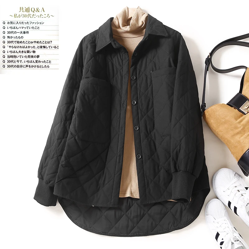 Rhombus Cotton Coat Femme Turn-down Collar Casual Padded Clothes Single-breasted Pocket Outwear Solid Autumn Winter Jacket Women