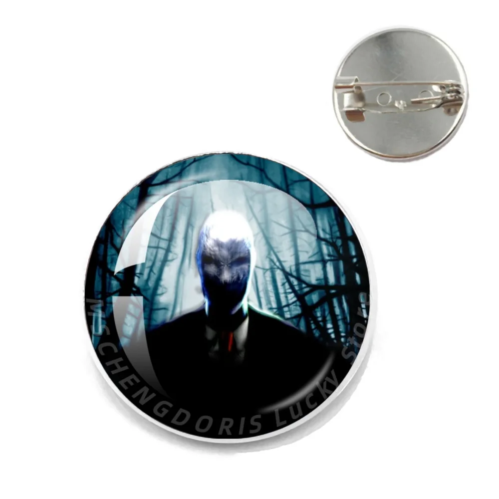 Slender The Arrival Pins Horror Game Character Slender Man Jeff The Killer Funny Meme 25MM Metal Glass Brooch Collect Gift MS032