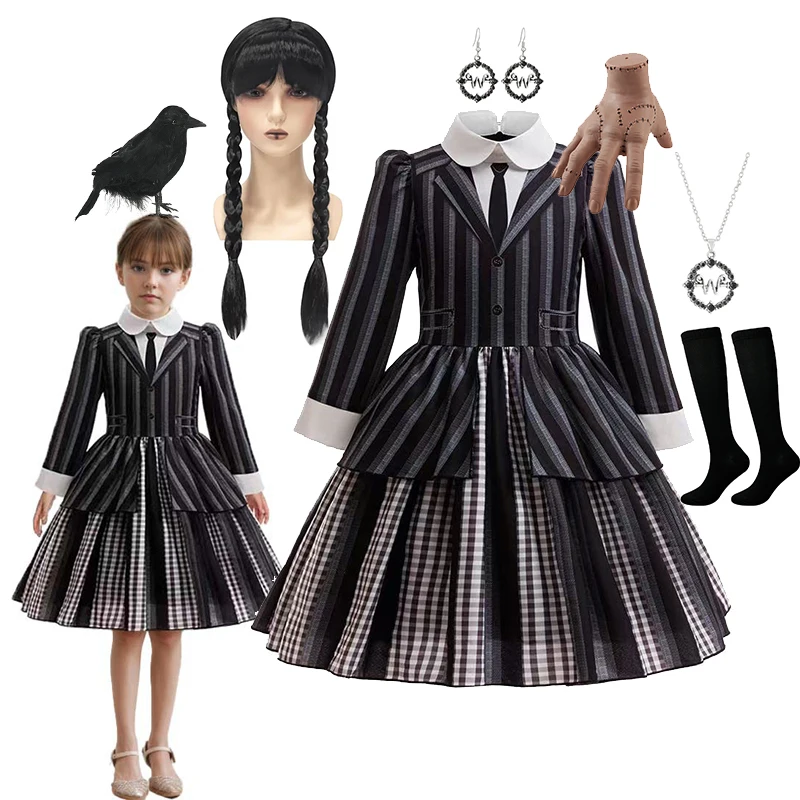 

Платье в черную полоску для колледжа 2025, семейный косплей для девочек, среда. Костюм на Хэллоуин, детский семейный танцевальный конкурс, одежда в студенческом стиле
