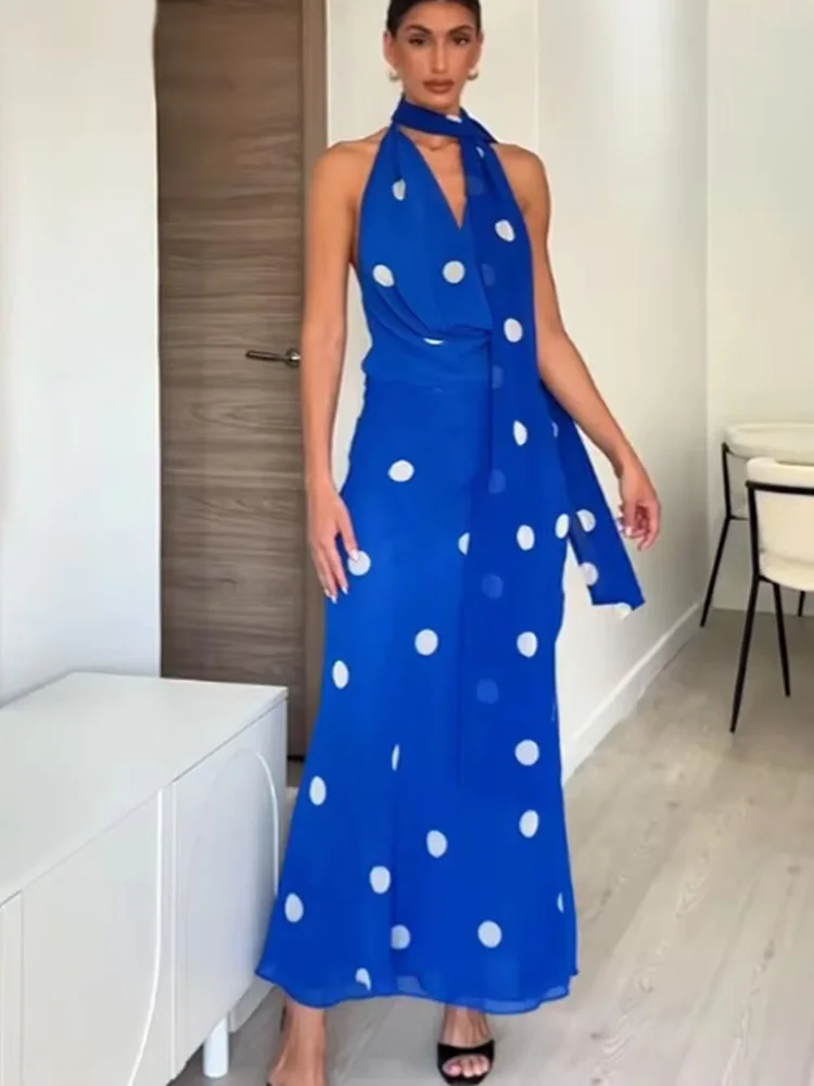 HH dames zomer strandstijl lange jurk stippen swingende kraag rugloze rits vrouwelijke mode sexy mouwloze jurken trendy