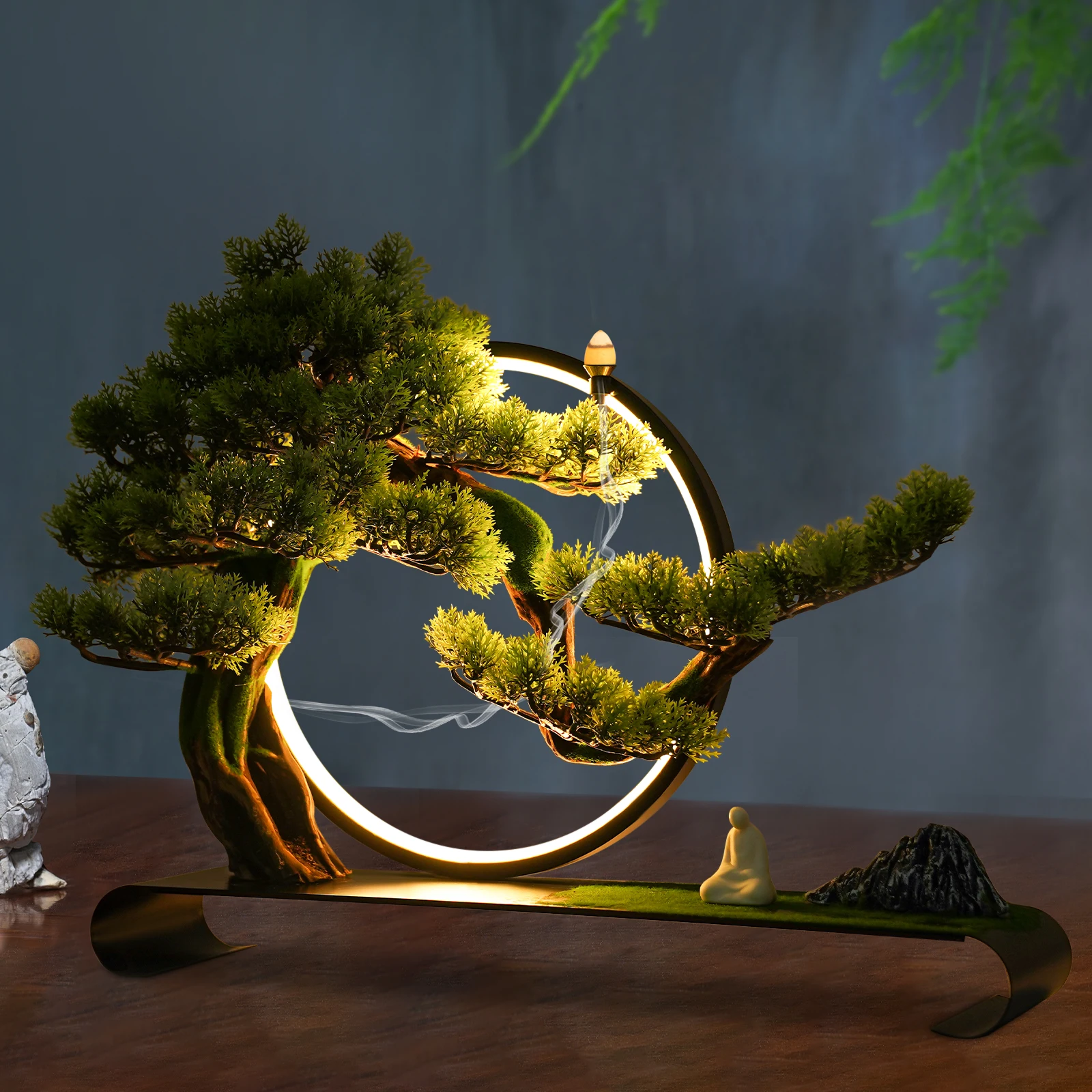 

LED Welcoming Pine Bonsai Lamp with USB Power, Realistic Simulation Artificial Bonsai Tree, Zen Meditation Decor with Light Ring