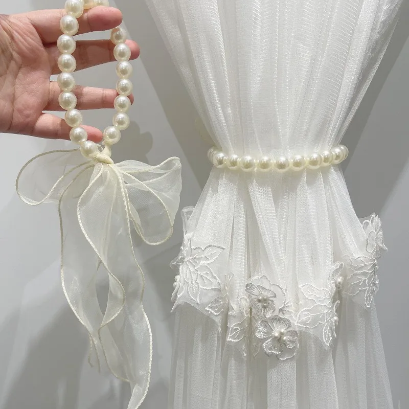 1PC Pearl Curtain Strap Set Simple Modern White Gauze Ribbon Rope Buckle Ring Fixed Storage