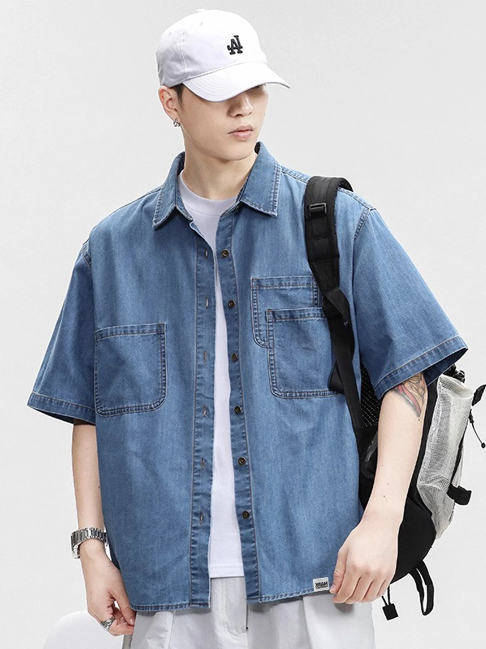 

Летняя тонкая ort Sve Свободная мужская джинсовая одежда irt Повседневная верхняя одежда Топ в американском стиле ретро Sle Youth Faion Pure Color Button Cl...