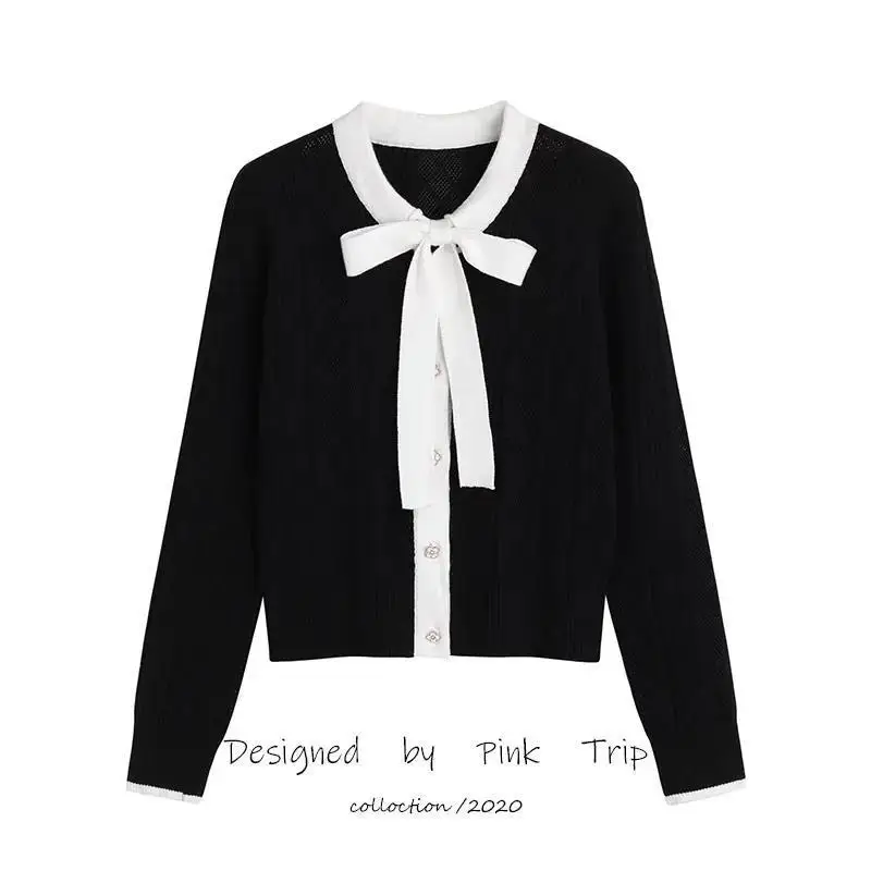 Lace Up Bow Knit Cardigan Spring And Autumn New Women\'s Color Contrast Hollow Pin Short Slim Top