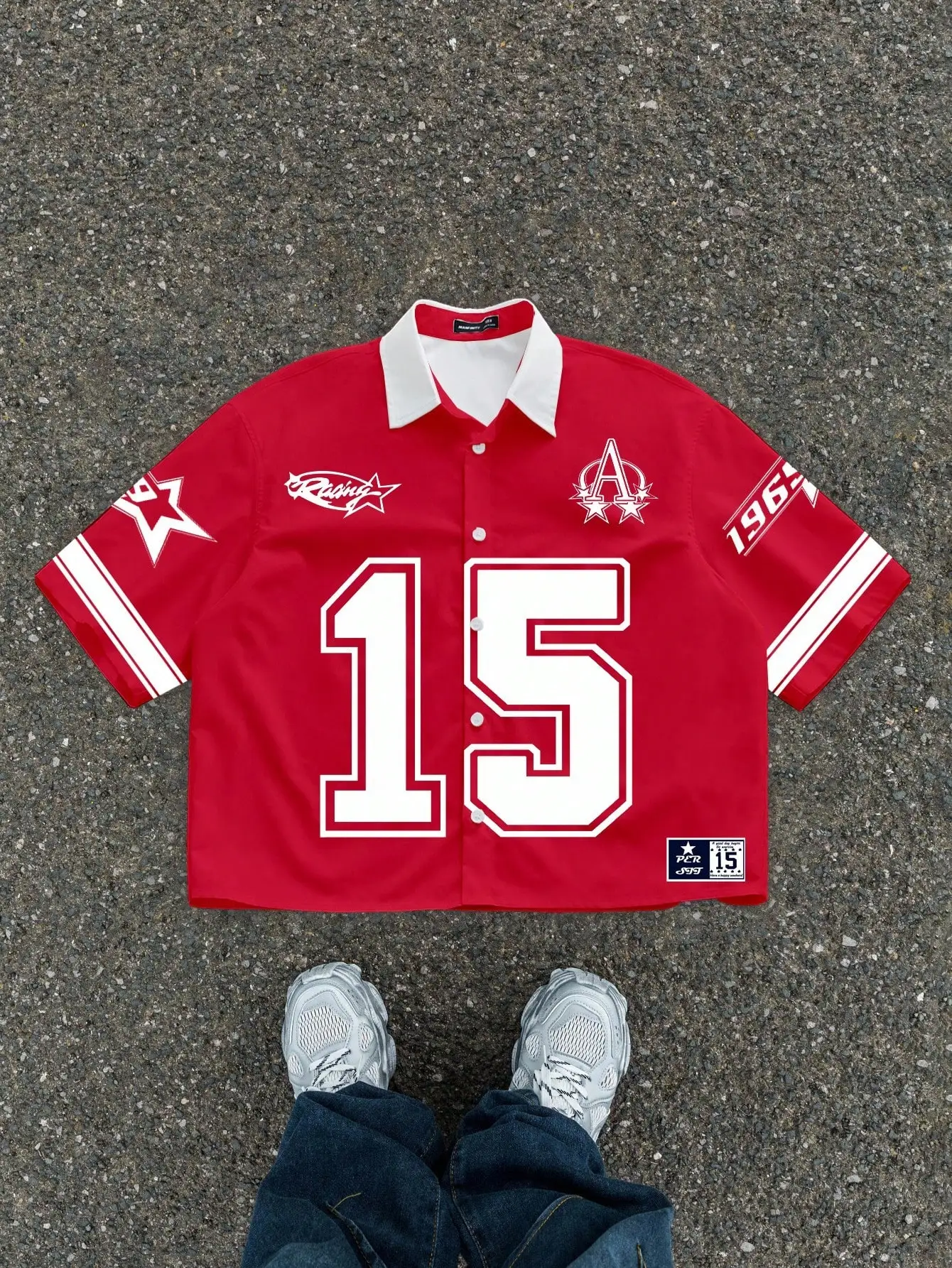 

Men's Red & White Cropped Button-Up Shirt with Numeric Graphic and Star Motif