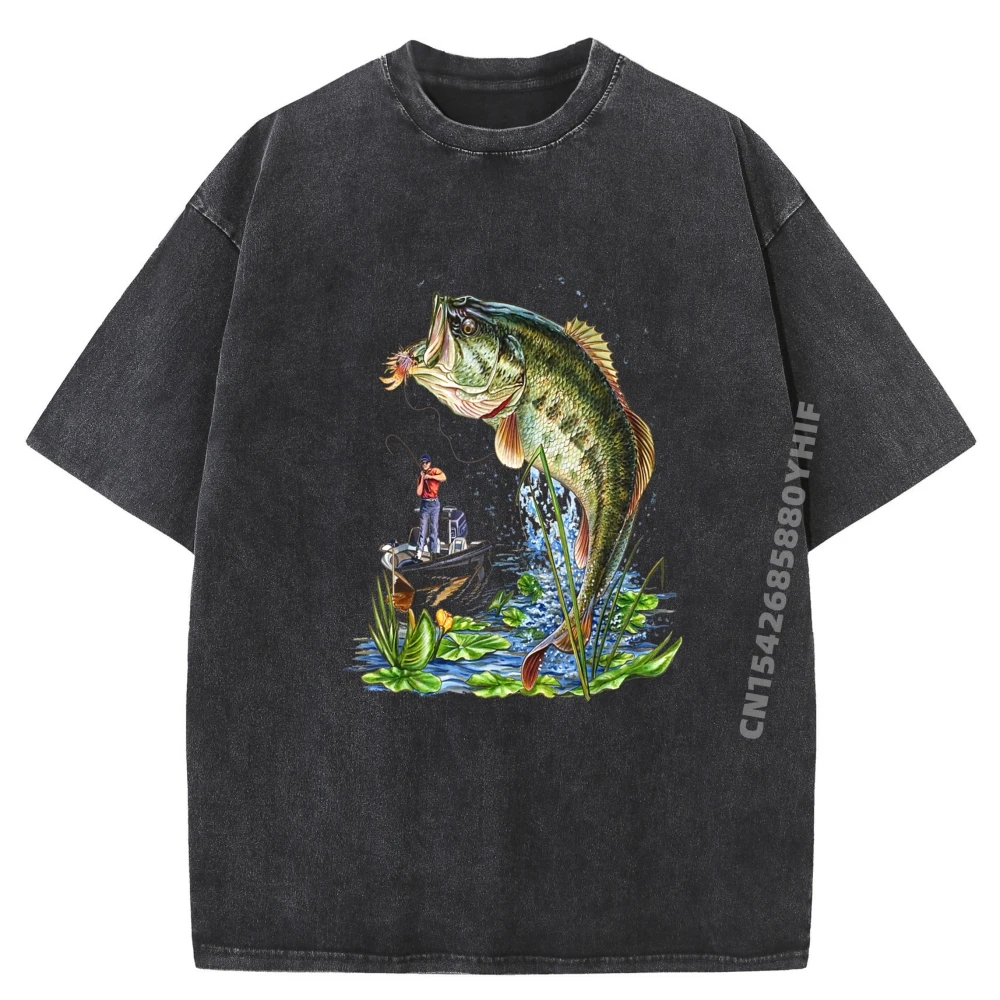 

Fishing Large Mouth Bass Fish Brand Clothing SOFT Mens Designer Clothes Graphic Tees Creative Washed Shirt