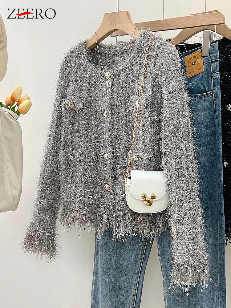 Fall Winter Korean Tassel Shiny Silk Single Breasted Temperament Short Cardigan Women\'s Sweater Coat Knit Tops Jacket Outwear